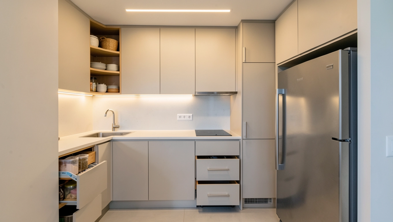 Funkcjonalna zabudowa i przechowywanie w małej kuchni