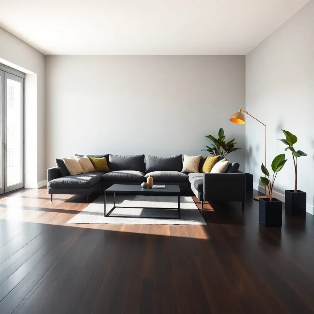Nowoczesny salon z ciemną podłogą