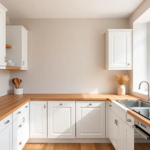 Biała kuchnia z drewnianym blatem jakie ściany