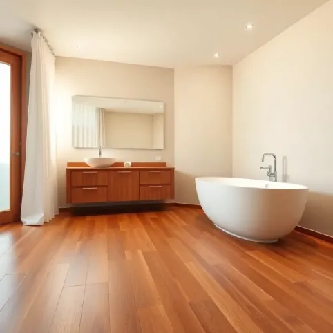 Łazienka z drewnianą podłogą inspiracje