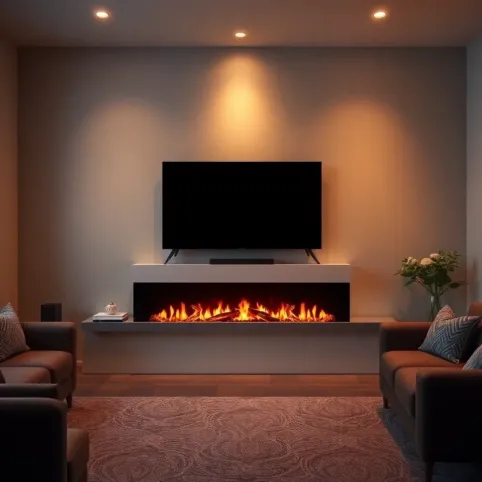 Nowoczesna ściana z kominkiem i telewizorem