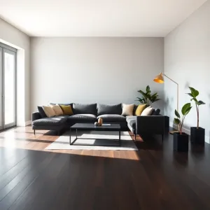 Nowoczesny salon z ciemną podłogą