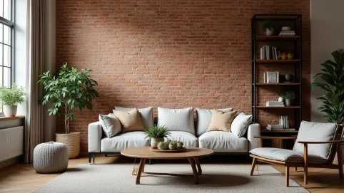 Ściana z cegły w salonie aranżacje