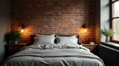 Ścianą z cegły w sypialni