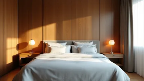 Sypialnia z drewnem na ścianie