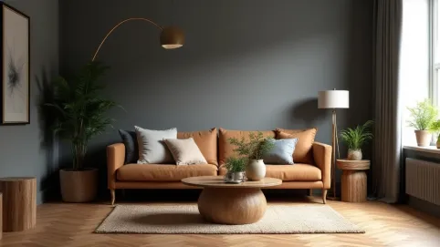 Szare ściany brązowe meble jakie dodatki